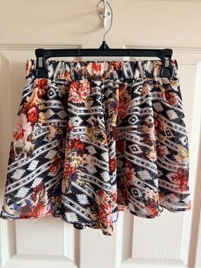 Floral Aztec Print Skirt - Black, White & Coral